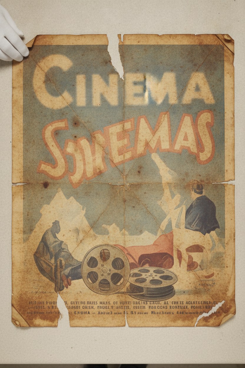 Sararmış, kenarları asit yanığı 1940'lar sinema afişi, restorasyon öncesi