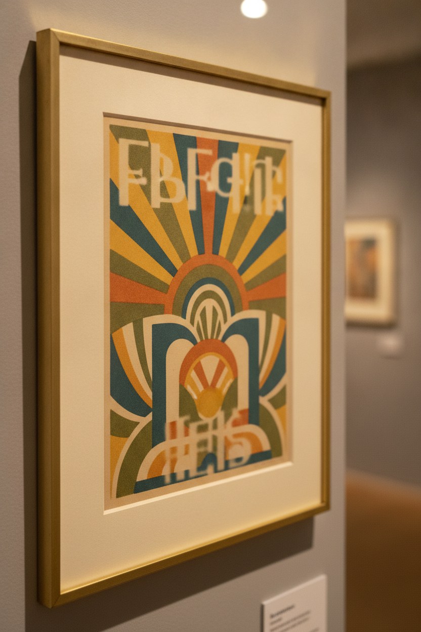 Art deco reklam kartı, anti-reflektif cam altında çerçeveli